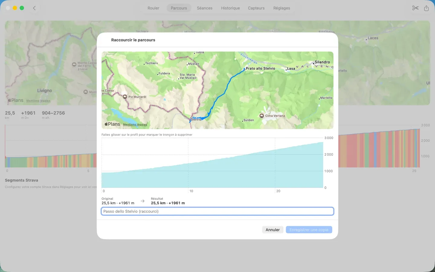 Éditeur de parcours avec la carte et le profil d'altitude