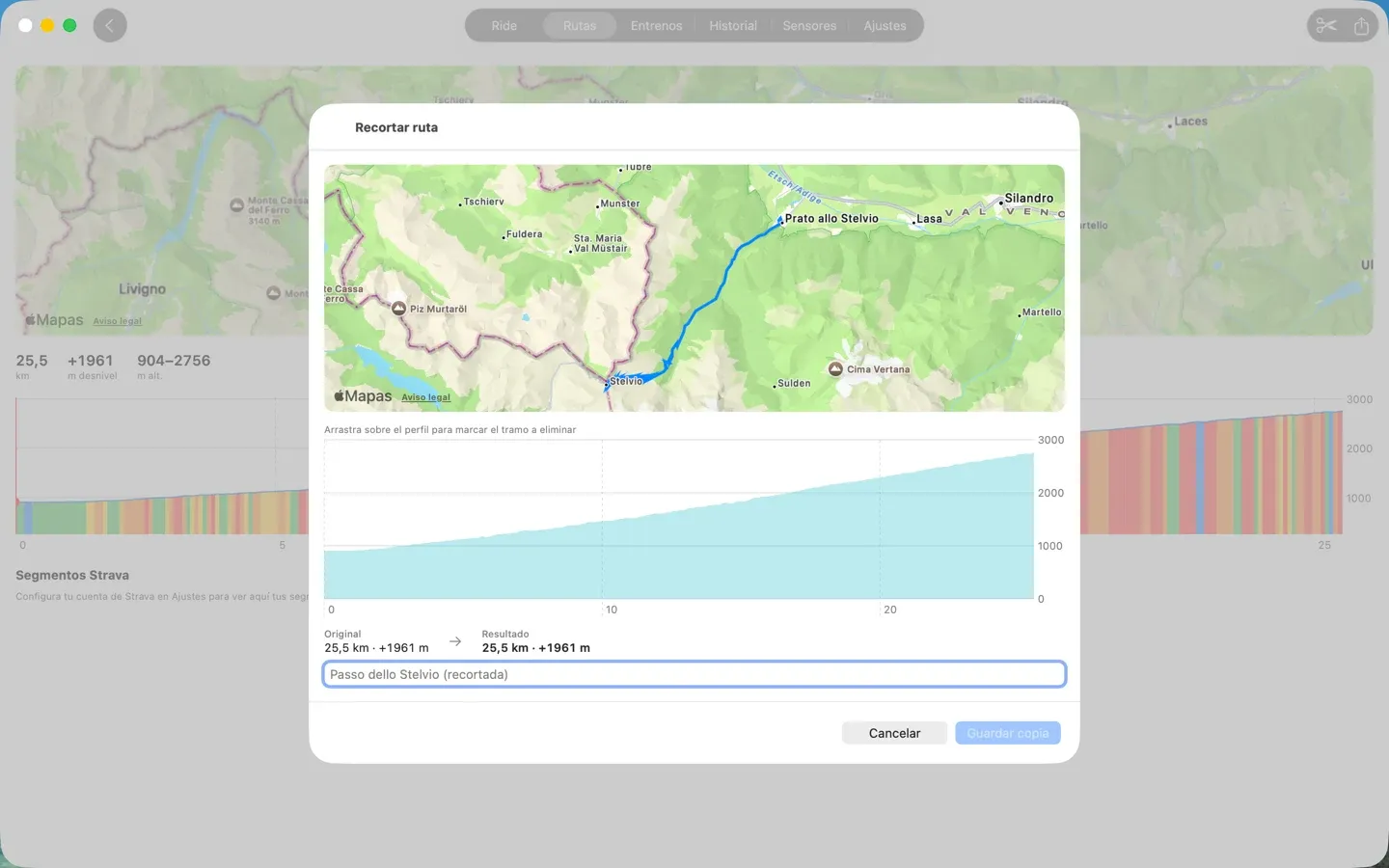 Editor de rutas con el mapa y el perfil de altitud