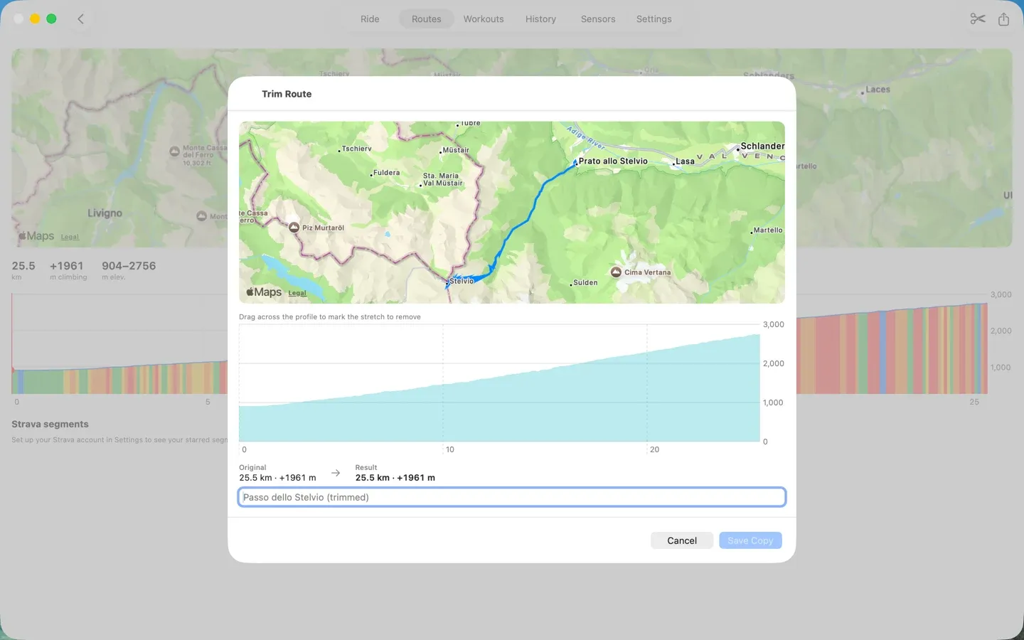 Route editor with the map and the elevation profile