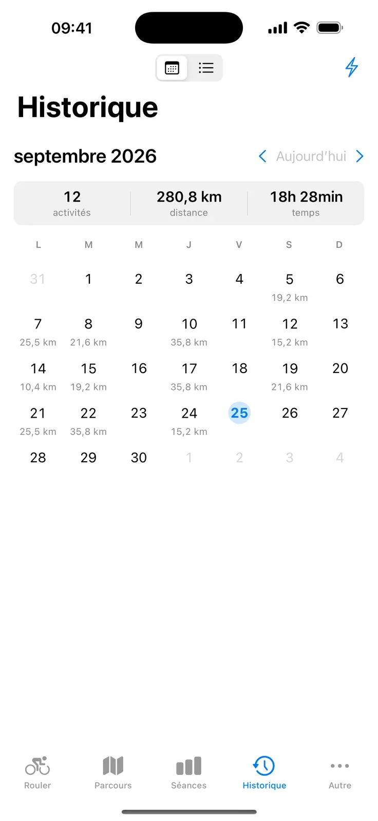 Calendrier de l'historique des activités